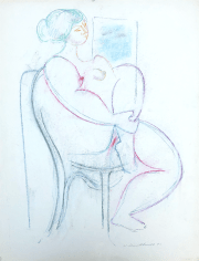Untitled 1970 pastel of seated nude with one foot pulled up on the chair by Hans Burkhardt.