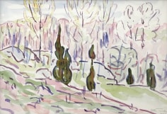 Image of Allen Tucker's sold 1930 watercolor showing a hillside of poplar trees.