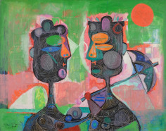 Image of Byron Browne 1945 sold painting titled &quot;Two Women&quot; featuring two abstract cubist females, one of whom is holding an umbrella.