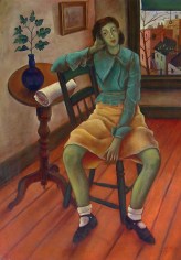 Image of sold modernist oil painting of girl with green skin sitting on a chair in an interior by Julio De Diego.