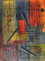 Image of Irene Rice Pereira's sold 1940 abstract oil painting red squares on a gray, yellow and blue background.