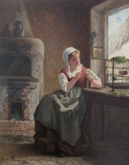 Image of sold Michel Arnoux oil painting showing an interior kitchen scene with a seated girl holding a small bird in her hand.