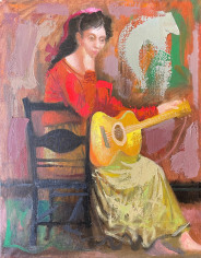 Image of Byron Browne's abstract painting titled &quot;Folk Singer&quot;, showing a woman in a yellow skirt with red blouse seated on a black chair holding a guitar.