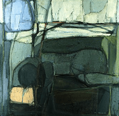 Image of sold painting by Rudolf Baranik entitled &quot;Sleeping Dryad&quot; showing a figure lying down in its side in greens, blues and creams.