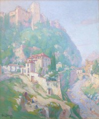 Image of Carl Brandien's oil painting of a hillside with buildings near Granada, Spain.
