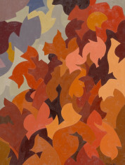 Image of Easton Pribble's 1966 oil painting of autumn woods showing red, orange and gold foliage.