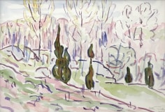 Image of Allen Tucker's 1930 watercolor showing a hillside of poplar trees.