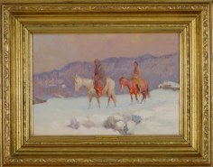 Fancy gold colored frame view of &quot;The Snow Covered Trail&quot; painting by Oscar Berninghaus.