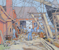 Image of Eleanor Parke Custis' sold gouache painting At the Dry Dock, Gloucester, MA showing dock workers.