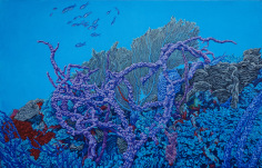 Sold oil painting by Nikolina Kovalenko entitled &quot;Hide &amp; Seek&quot; depicting a flourishing coral reef from her Utopian Reefscape series..