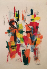 Image of sold abstract gouache painting by John Von Wicht of red, orange, yellow, black. blue and green.