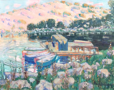 Anni Baldaugh's oil painting of pinkish-yellow southern California foothills in the distance with a lake, dock and 4 brightly colored rowboats in the foreground.