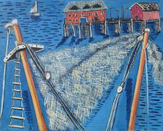 Image of sold Irene Rice Pereira painting entitled Pier showing mast poles in the foreground and a pier in the background.