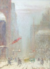 Image of Johann Berthelsen's sold oil painting &quot;New York Winter&quot; showing cars and people on a snow street in Manhattan.