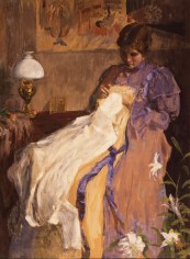 Image of sold watercolor painting by William Wallace Gilchrist Jr. entitled &quot;Loving Stitches&quot; showing a woman sitting and sewing on a white dress.