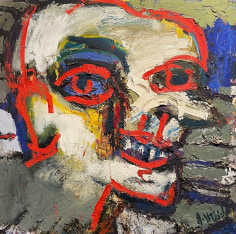 Image of Jay Midler abstract oil painting entitled &quot;125th Street Subway&quot; depicting a grinning face outlined in red.