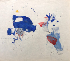 Image of sold untitled mixed media painting by John Von Wicht showing an abstraction in blue, red and gray.