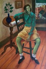 Image of sold oil modernist painting of green-skinned girl sitting on a chair by Julio De Diego.