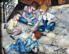 Image of untitled oil painting of children playing jacks on the sidewalk by Eugenie Schein.