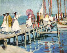 Image of sold oil painting by Jane Peterson showing men and women in old-fashioned summer clothes walking along the pier in Edgartown.
