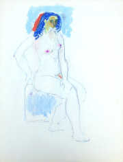 Image of sold 1970 pastel of nude with blue hair by Hans Burkhardt.