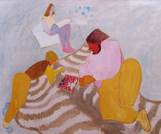 Image of sold Sally Michel oil painting of a Chess Game between a young man and his father who are reclining on a striped rug while a woman reads the paper in the background.