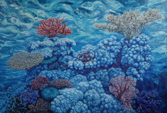 Image of Nikolina Kovalenko's oil painting entitled &quot;A Good Coral Day&quot; showing a healthy coral reef with a clam shell nestled into it and waves moving above.