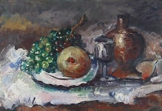 Image of still life oil painting by Hans Burkhardt showing a platter with fruit, a wine class and carafe.