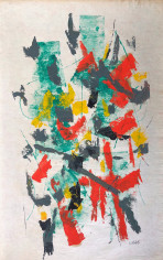 Image of mixed media abstract work on paper by John Von Wicht in reds, greens, grey and yellow.