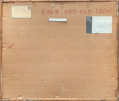 Verso image of cardboard cover and labels on &quot;Rags and Old Iron&quot; painting by Aaron Bohrod.