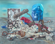 Image of Aaron Bohrod's still life painting &quot;Rags and Old Iron&quot; on sale at Caldwell Gallery Hudson.