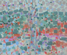 Image of sold untitled abstract oil painting by Carl Holty in greens, blues, purples and reds.
