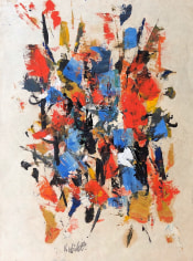 Image of sold abstract John Von Wicht mixed media on paper in orange, blue, black and ochre.