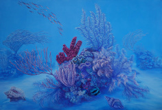 Image of Nikolina Kovalenko's oil painting entitled &quot;Ikebana&quot; showing healthy coral, shells and a school of fish.