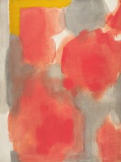 Image of sold Carl Holty 1958 abstract stain painting titled &quot;Red Gold&quot; in reds, grays, cream and a yellow-gold.