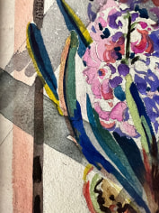 Image of closeup detail of Jessie Bone Charman's watercolor of a potted hyacinth plant.