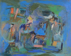 Image of Ralph Rosenborg abstract oil painting Subjective Farm Landscape (1940) done primarily in blues and greens.