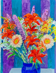 Image of Nell Blaine's still life painting &quot;Orange Lilies and Blazing Star&quot;, available for sale at Caldwell Gallery Hudson.