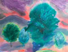 Image of untitled landscape by Naohiko Inukai of green and blue trees with a purple and red sky in the background.