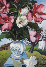 Image of sold Gregorio Prestopino painting depicting a vase of peonies in a rural landscape.
