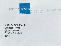 Image of Loretta Howard Gallery label from verso of untitled 1958 abstraction by Shirley Goldfarb.
