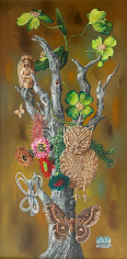 Image of Aaron Bohrod's oil painting entitled &quot;Tree of Life&quot; showing butterflies, flowers and and owl on a mostly dead tree branch.