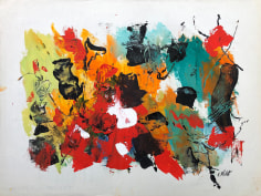 Image of untitled (052) abstract mixed media artwork by John Von Wicht in red, yellow, orange, blue and black.