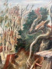 Closeup image showing detail of trees and foliage in William C. Palmer's painting &quot;Fish Story&quot;.