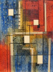Image of abstract Irene Rice Pereira's 1950 sold painting of white squares on a red, yellow, blue and black background.