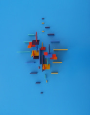 Image of sold Charles Biederman metal construction #17 with a light blue background and several multi-colored pieces attached in a 3-D pattern.