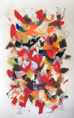 Image of sold abstract mixed media artwork by John Von Wicht in reds and other colors.