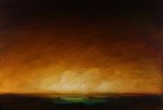 Image of David Bierk's 1989 landscape titled &quot;St. Albans Dusk&quot; showing a glowing sunset over a blue/green lake.