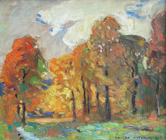 Image of Vaclav Vytlacil's impressionist oil painting of a fall landscape.