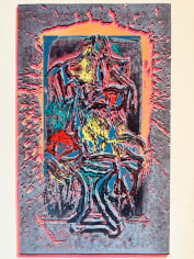 Untitled 1978 abstract lithograph by Hans Burkhardt in multiple colors including primaries, aqua, orange, pink and black.